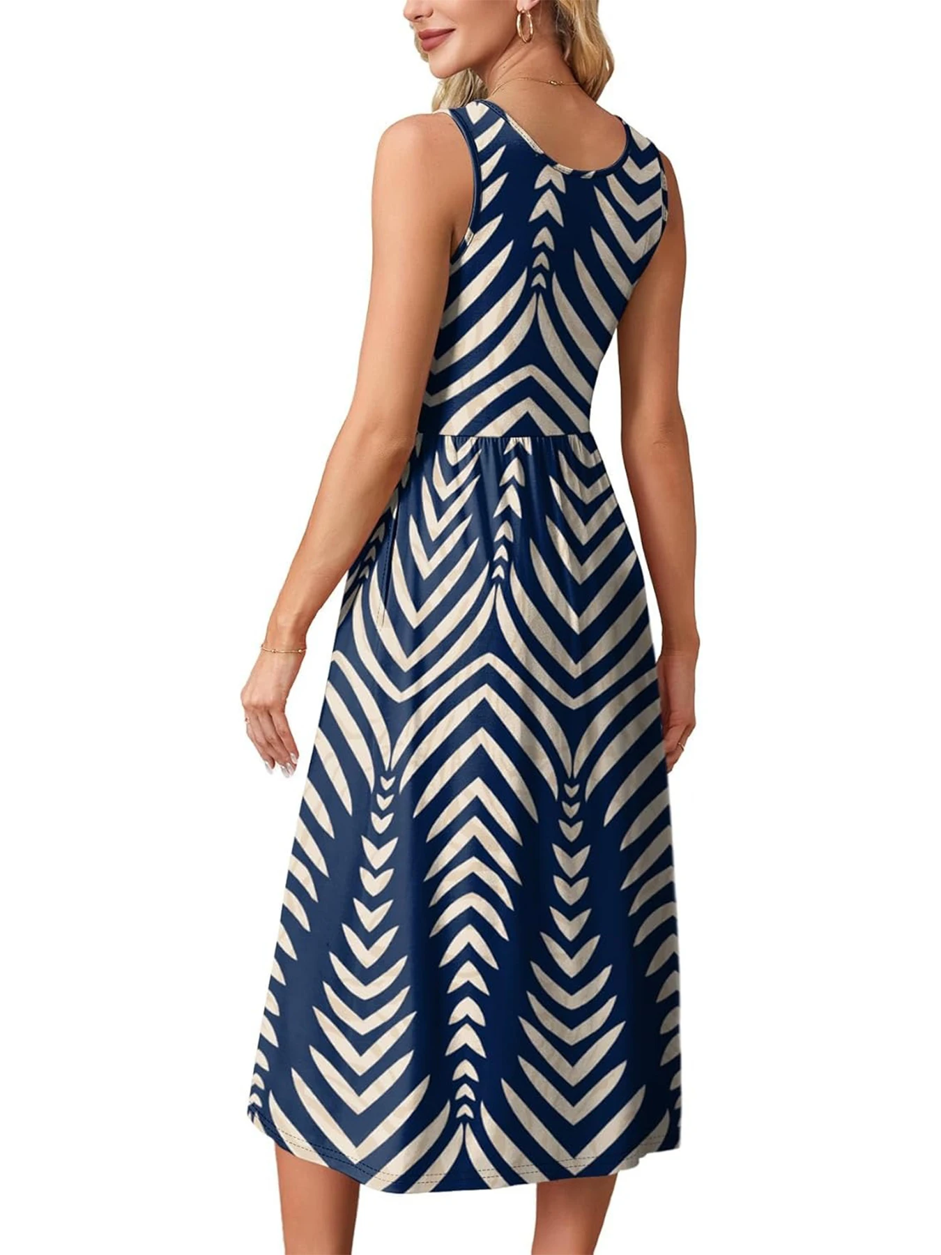 2026 Sommer Neue Kleider für Damen Bedrucktes Lässiges Midikleid Modisches Ärmelloses Rundhals-Strandkleid mit Taschen – Detail 8