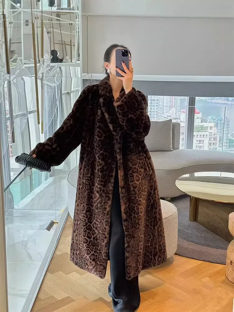 Leopard Print Mink Fur Eco-Friendly Coat Women Winter High-Quality Long Thicken Windproof Jacket Furs One-Piece Parkas Outwear
