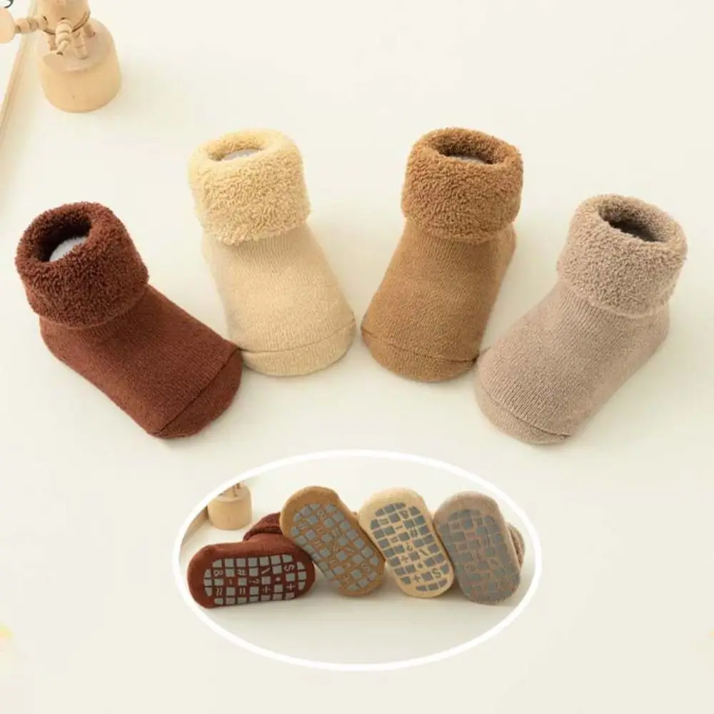 4Pairs Solid Color Thicken Baby Socks Warm Anti-slip Infant Learning Walk Socks Winter Autumn Baby Hosiery Home Sleep Socks Baby