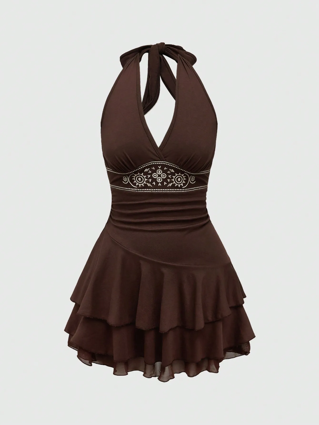 

Brown Halter Neck Dress with Embroidered Waistband and Tiered Ruffle Hem