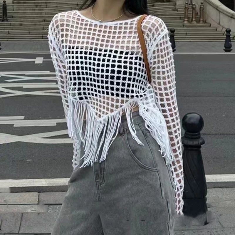 Fringed Crochet Tops Long Sleeve Women Sheer Openwork Knit Tassel Crop Blouse Women Teengirl Summer Vacation Boho Outfit