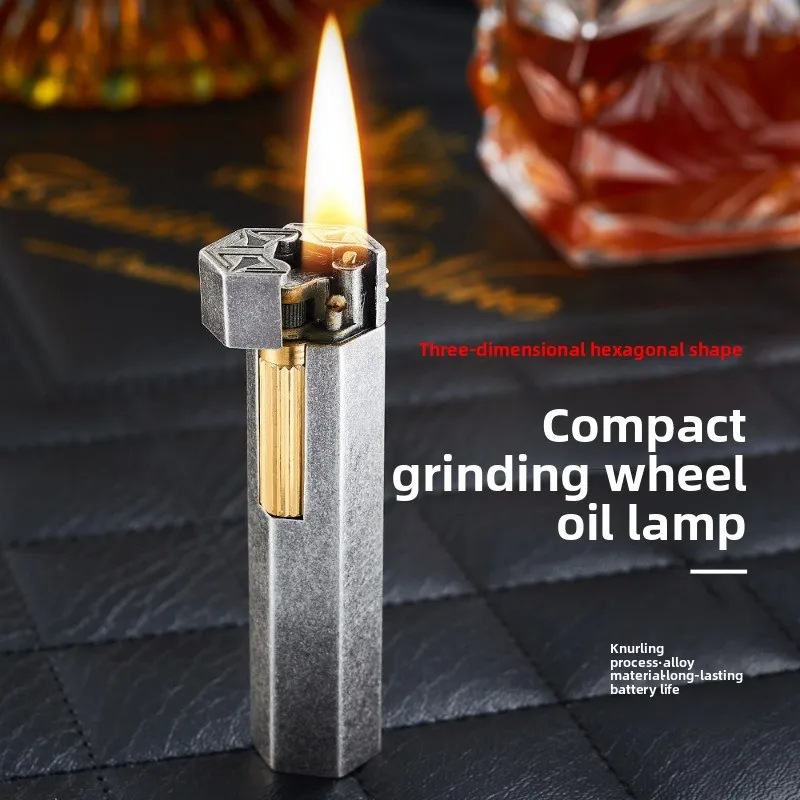 Knurled Creative Retro Hexagonal Kerosine Lighter Elegant Open Fire Six-ming Three-dimensional Shape Creative Appearance Lighter