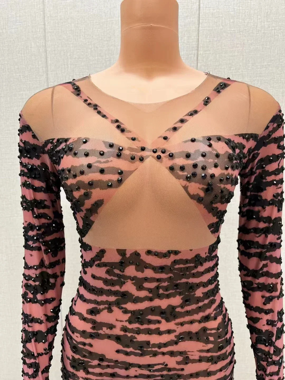 Mono con estampado de leopardo para mujer, peleles ajustados con diamantes de imitación marrones, guantes transparentes, para club nocturno, Bar, puesta en escena, disfraz de Cosplay