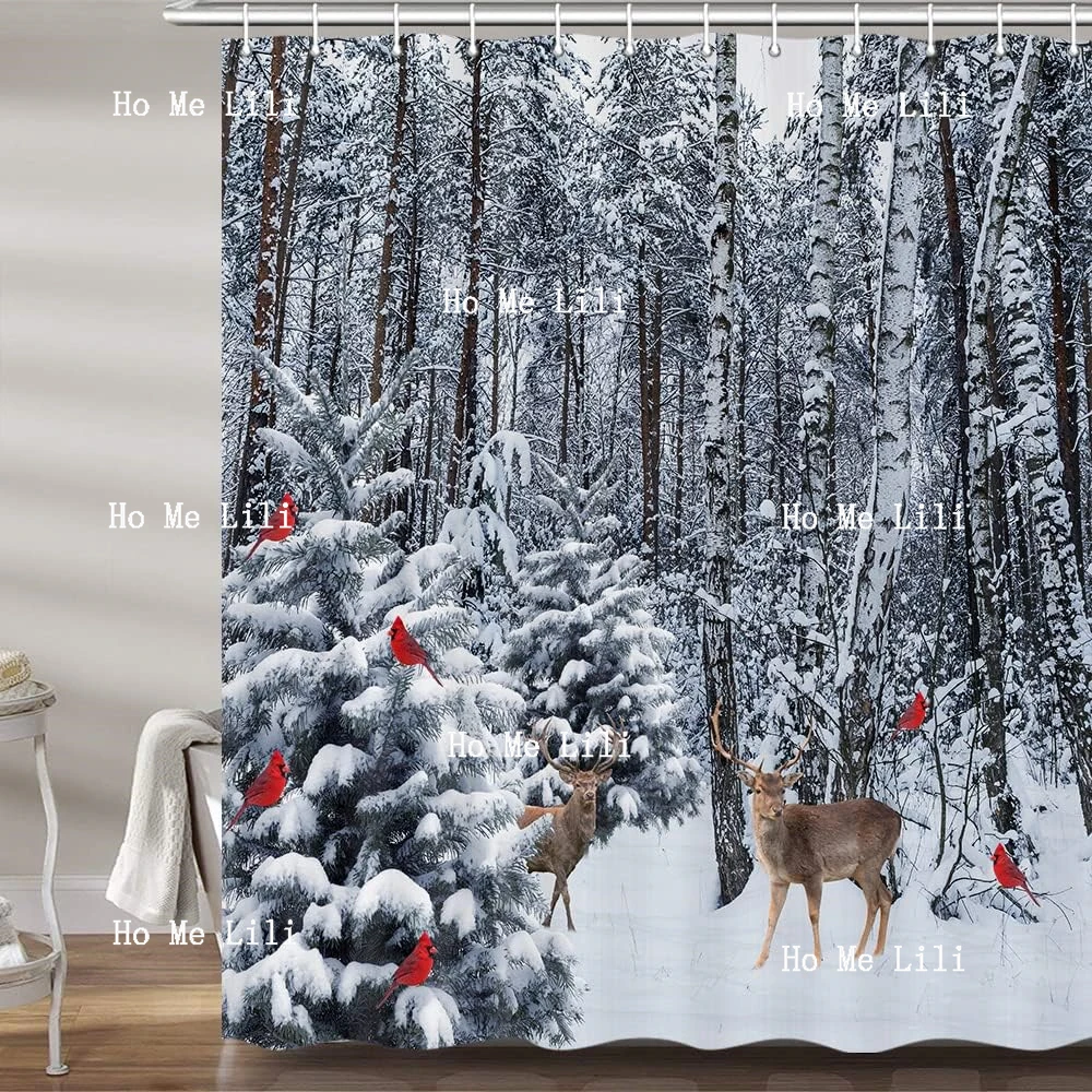 Winter Snow Shower Curtain For Bathroom Pine Forest Deer Cardinal Christmas Tree Snowflake Fabric Decor