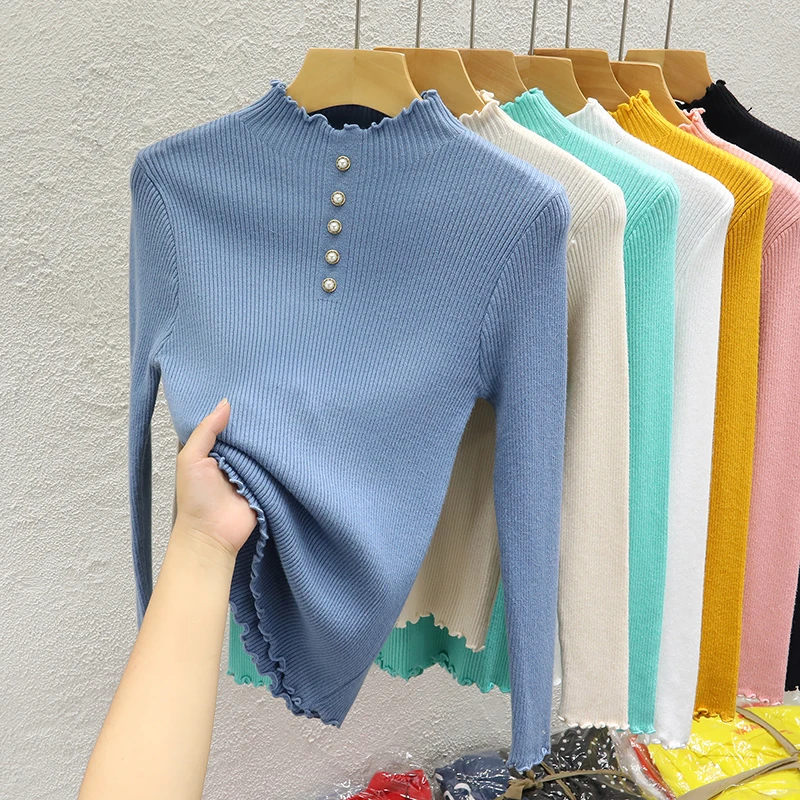 Autumn New Half High Collar Sweater Women's Fashion Wood Ear Edge Slim Knitwear Tops 2023 Winter Ladies Thin Sweaters