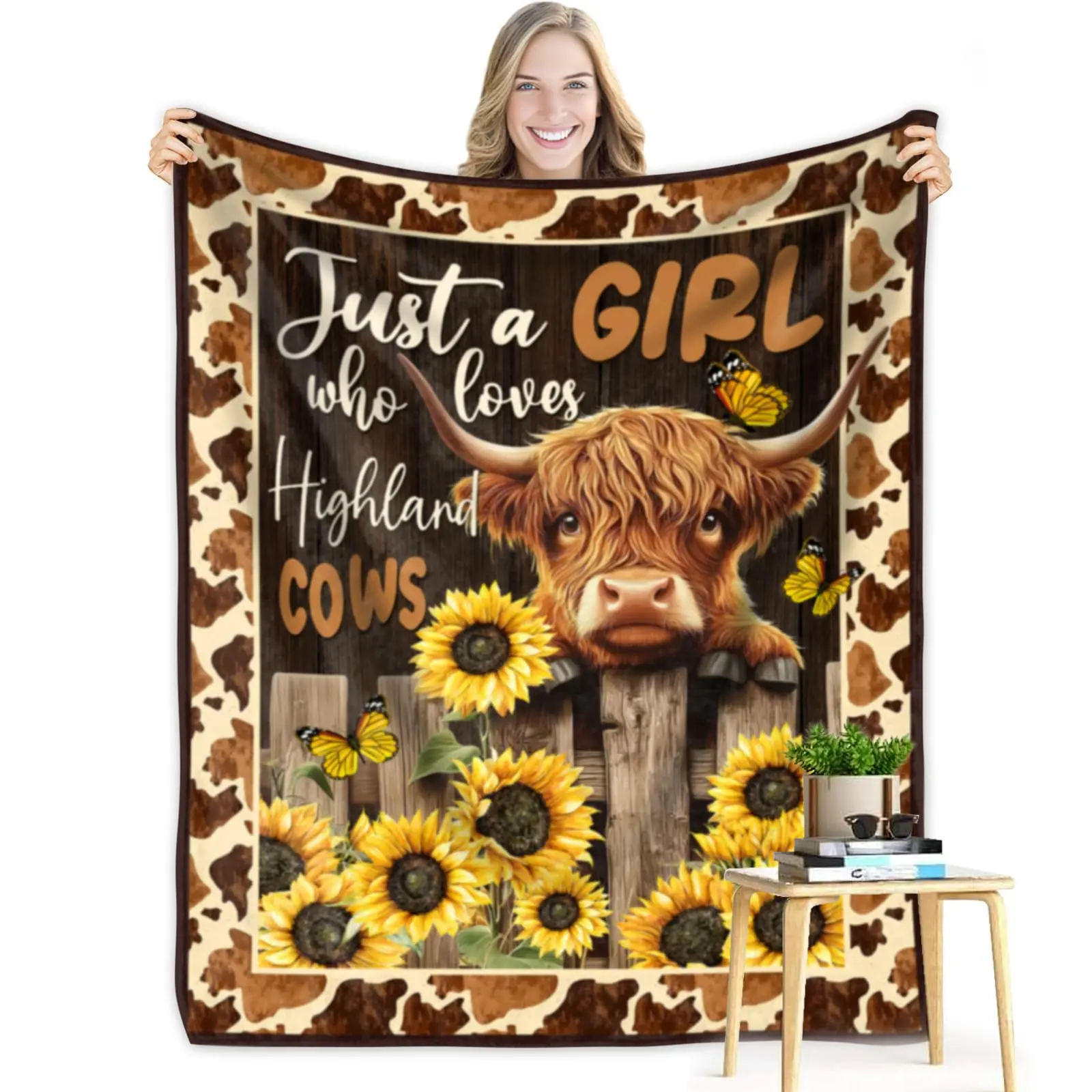 Flannel Blanket Brown Flower Highland Cattle Animal Farmhouse Digital Printing Blanket Source Manufacturer Wholesale Animation