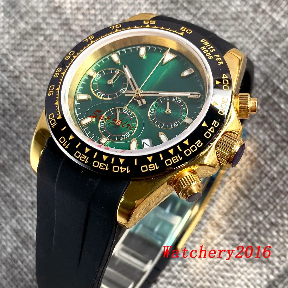 Vk63 Movement 39mm White Green Sterile dial Yellow Gold Case Multi-Function Full Chronograph Quartz Watch For Men Steel Rubber