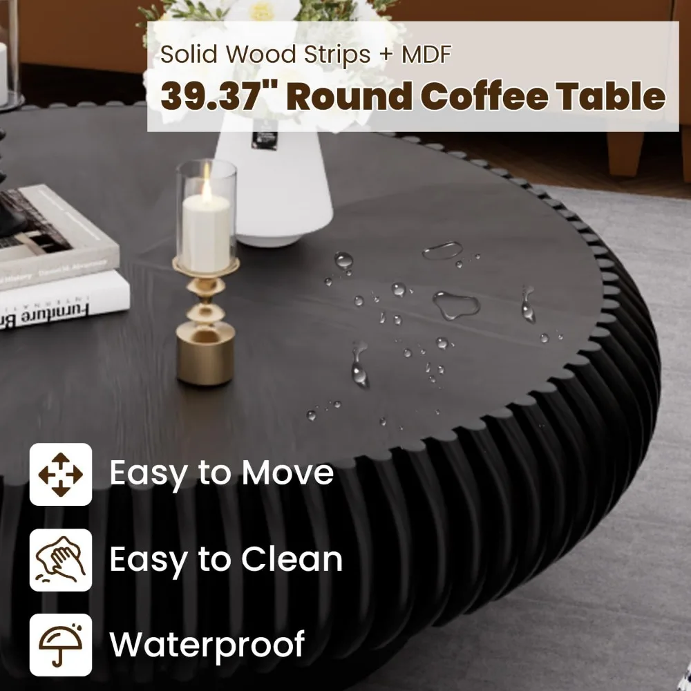 39.3 Drum Coffee Table Modern Unique Fluted Tea Table Contemporary Wood Round