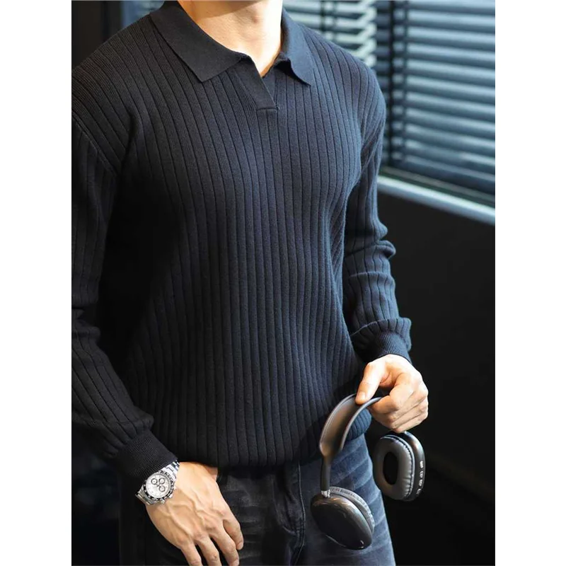 

American Retro Striped Busin Knitted irt Men Casual Commute Collar Long Sve Sweater Spring Autumn ex