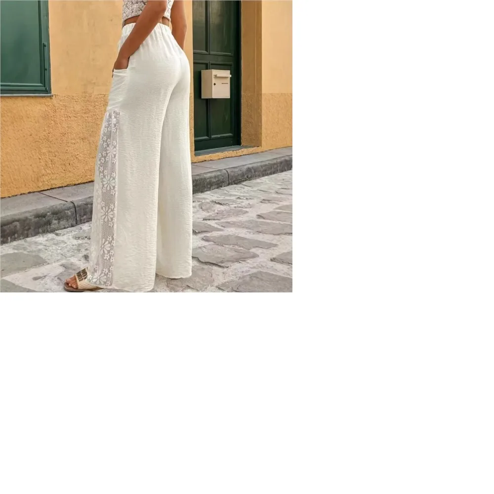 2026 Simple Style Straight Pants Loose Wide Legs Trouser Women' S Clothes Pastoral Style Sexy All-match Vacation Lace Patchwork