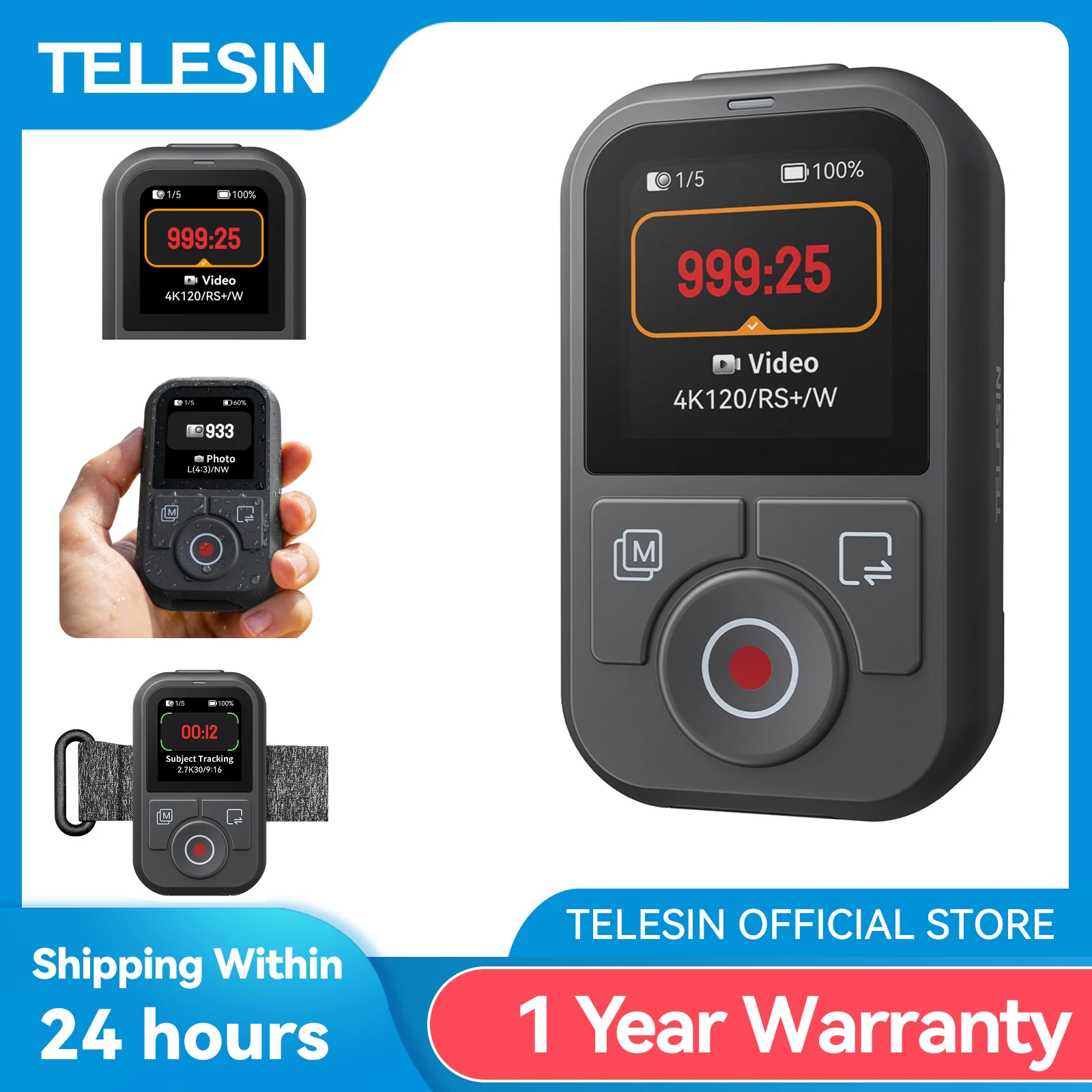 Controle Remoto Bluetooth TELESIN 60M para DJI OSMO Action 6 5pro 4 OSMO 360 com Alça de Pulso e Tela de Exibição para DJI Action 4 5 6