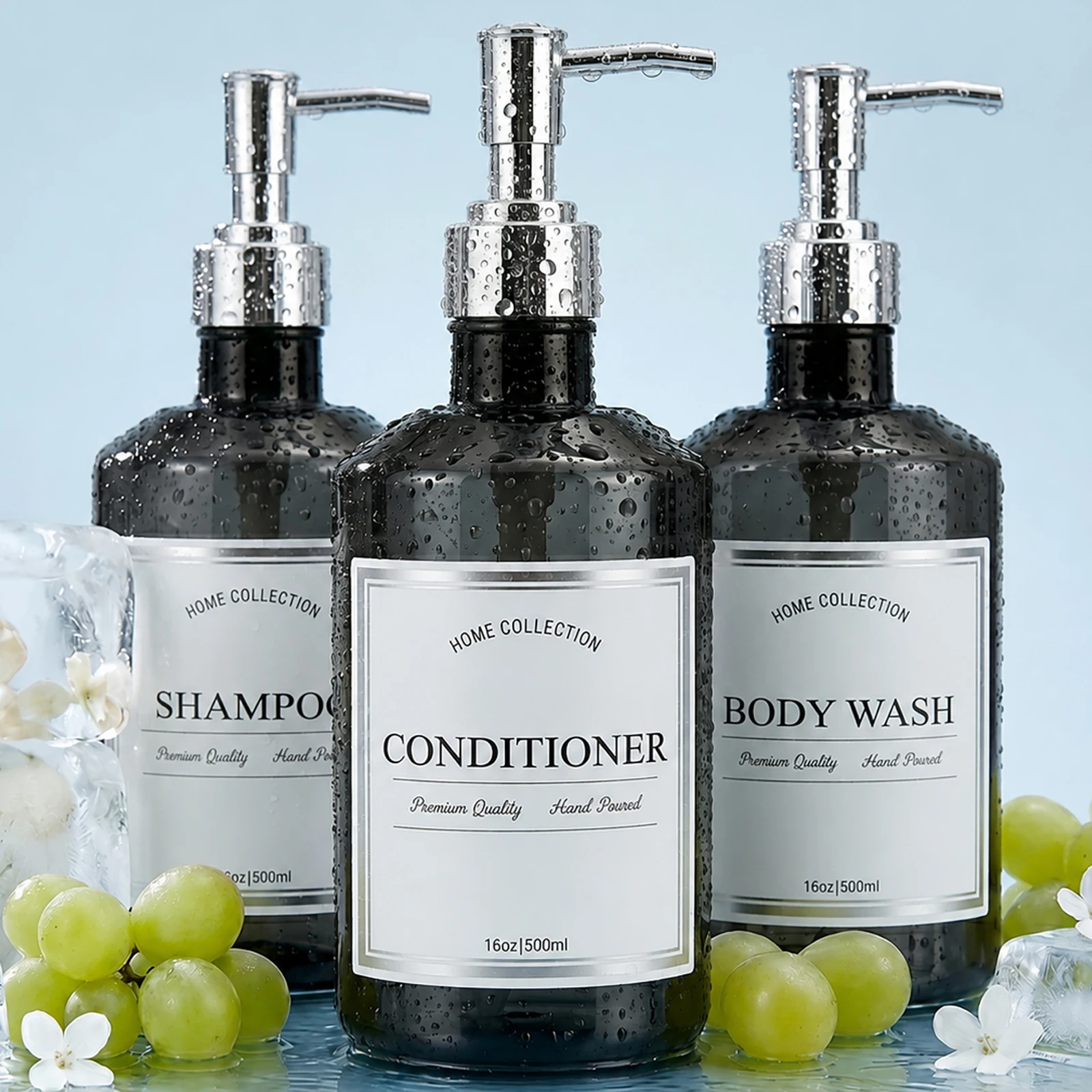Refillable Shower Bottles Trans-Black Pump Dispenser for Bathroom Airbnb Salon Guest Bath Soap Dispenser Daily Bathroom Refills