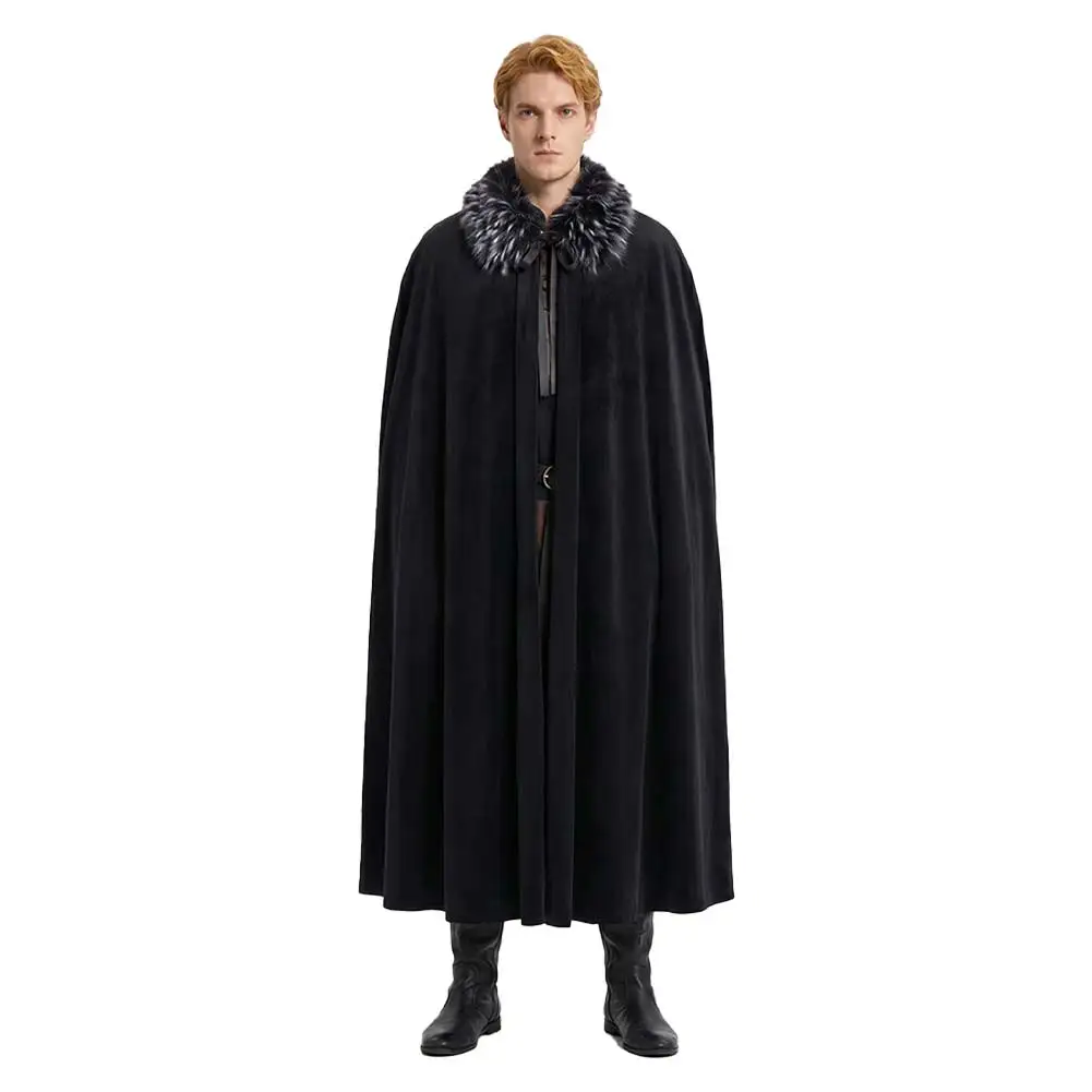 Men Jon Cosplay Snow Costume Adult Long Black Cloak Faux Fur Collar Medieval Cape Robe Halloween Carnival Fancy Dress Disguise