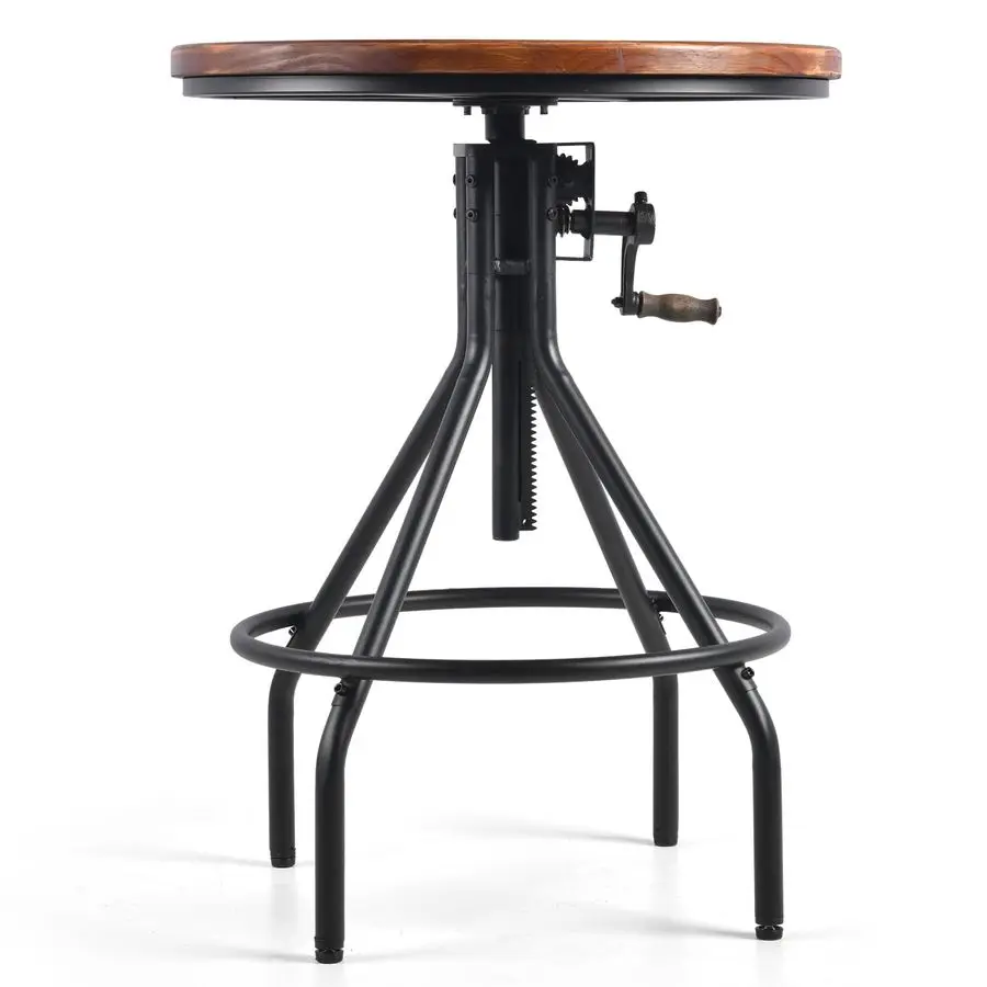 調節可能なヴィンテージスタイルの工業用ラウンドバーテーブル、回転式木製トップメタルフレーム付き、高さ29.5335.43、クランクHで簡単に調整可能