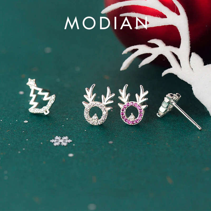 MODIAN New Animal Plant Asymmetry Stud Earring dla kobiet 925 Sterling Silver Christmas Tree Elk Pattern Ear Pin Fine Jewelry