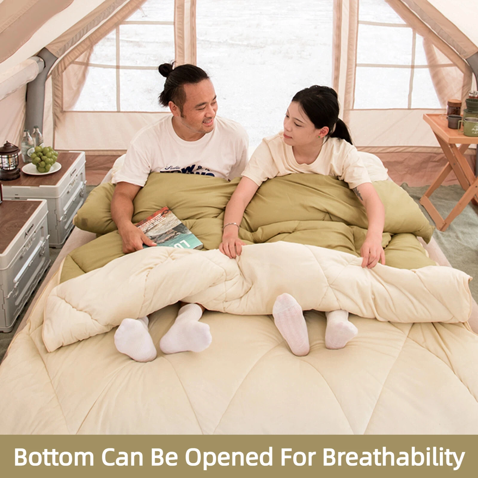 BISINNA كيس نوم مزدوج للتخييم 4 فصول محمول 2 في 1 كيس نوم قابل للفصل للأزواج والأصدقاء والسفر والمشي لمسافات طويلة #3