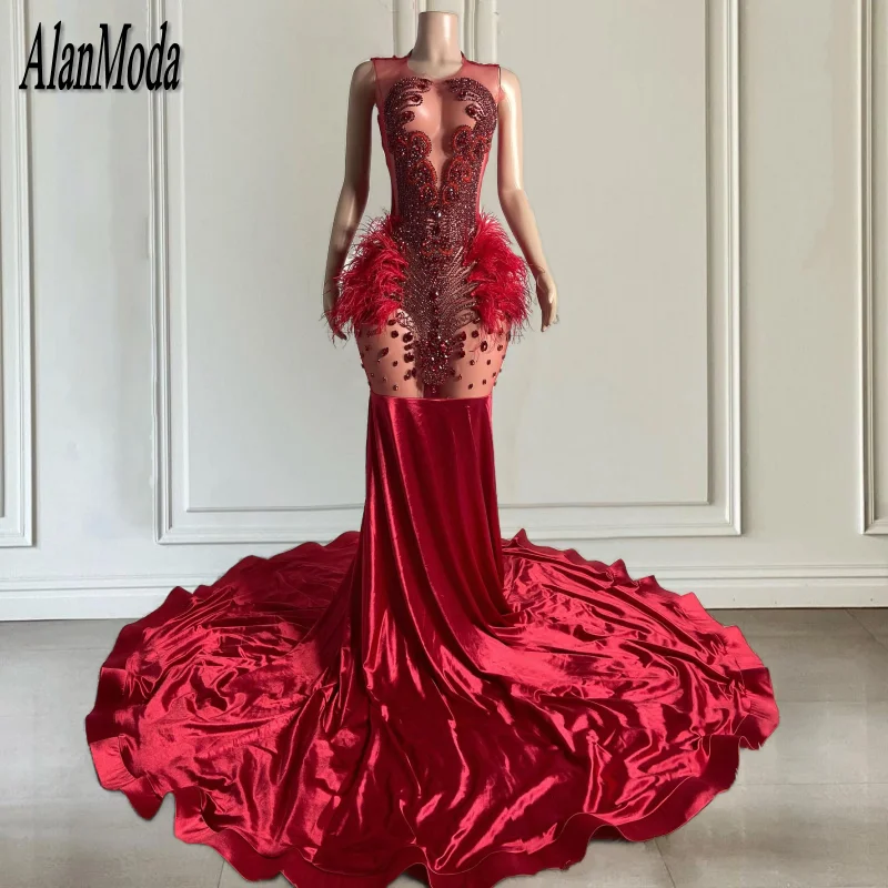 

Vestidos De Gala Red Prom Dresses 2024 See Through Velvet Feathers Party Gowns 2024 Evening Dress Rhinestone Robes De Soirée