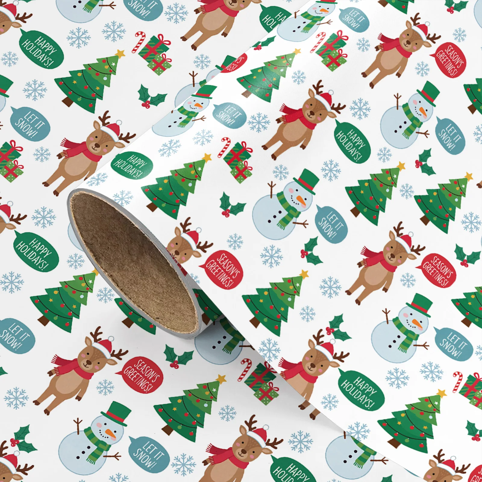 1 Roll of Christmas and New Year Gift Wrapping Paper, Cute Cartoon Style with White Background, Reindeer, Snowman, Christmas Tree, Gift Box, Bubble Dialog, English Blessings, Snowflake Print, Suitable for Family, Frien