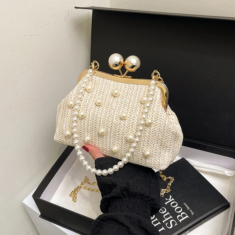 

Luxury Designer Trendy Weaving Shoulder Bag Versatile Small Beading Handbag For Women Summer Casual Beach Bag Travel Purse