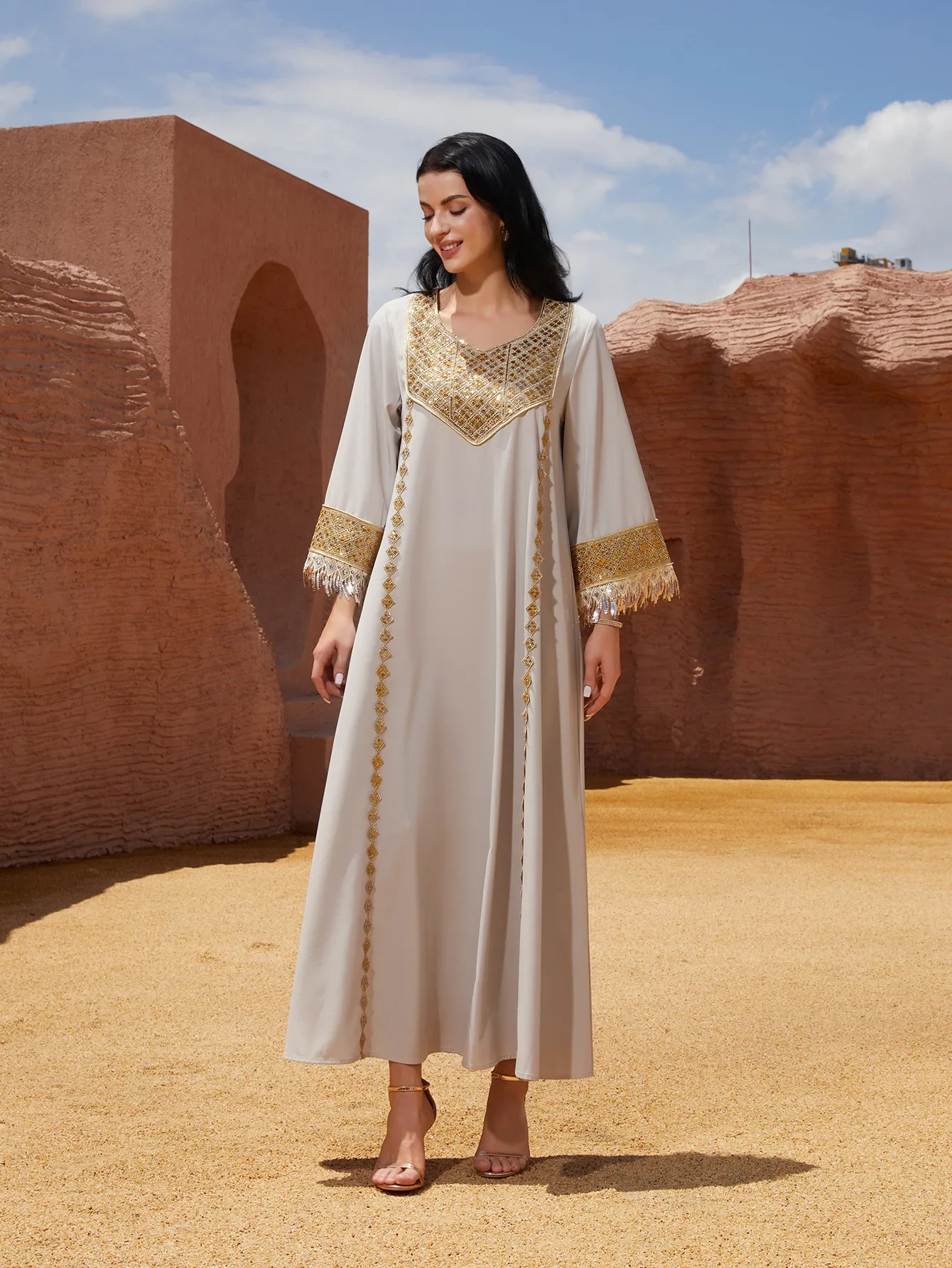 Eid Abaya Abito da donna Musulmano Paillettes Nappa Dubai Abiti Largos Abiti lunghi Caftano Arabo Robe Party Caftano Jalabiya Ramadan