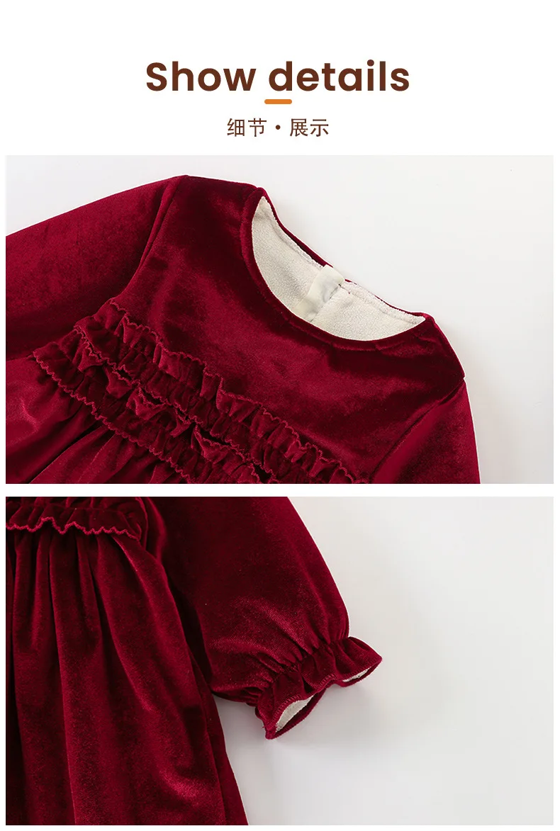 REd Baby ملابس مخملية بأكمام طويلة للربيع والخريف على الطراز الغربي ملابس السنة الجديدة فستان الأميرة للفتيات 2 3 4 5 سنوات #5