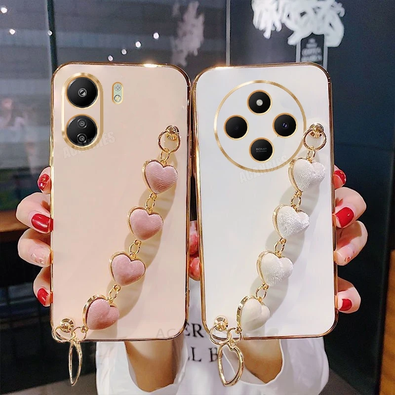 Redmi14c Love Heart Wrist Chain Silicone Case For Xiaomi Redmi 14c 13 13c 12 4g 12c 10 9 9c A3 Luxury Plating Cover Poco C75 C65