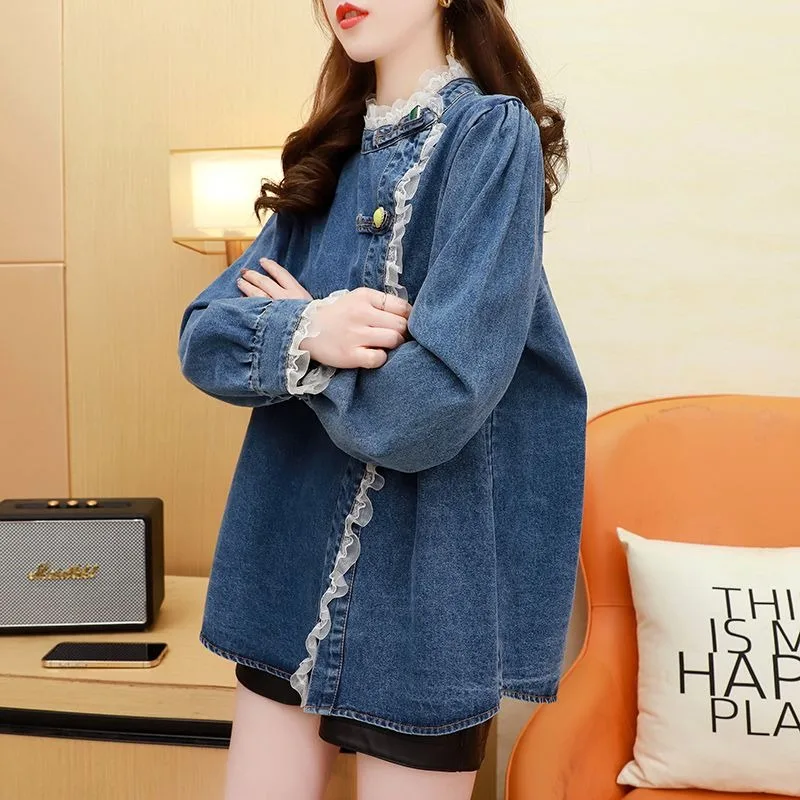 

150Kg Extra Large Size Lace Spliced Denim Shirt 2025 Spring Age-reducing Loose Design Niche Shirt Jackets for Women Denim Jacket
