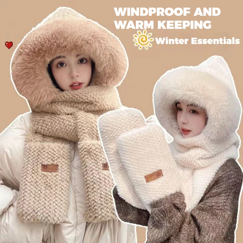 

Winter New Women's Fashion Lapin Fur Plush Hat Ear Protective Hat Warm Outdoor Hat Scarf Integrated Hat Snow Hat