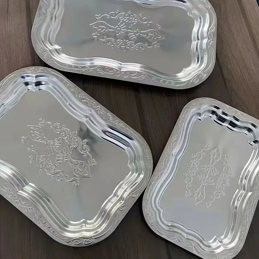 1 قطعة صينية مستطيلة من الفولاذ المقاوم للصدأ مع تصميم منقوش لتخزين غرفة المعيشة والمطبخ طبق تقديم كعكة الوجبات الخفيفة والفاكهة المتينة