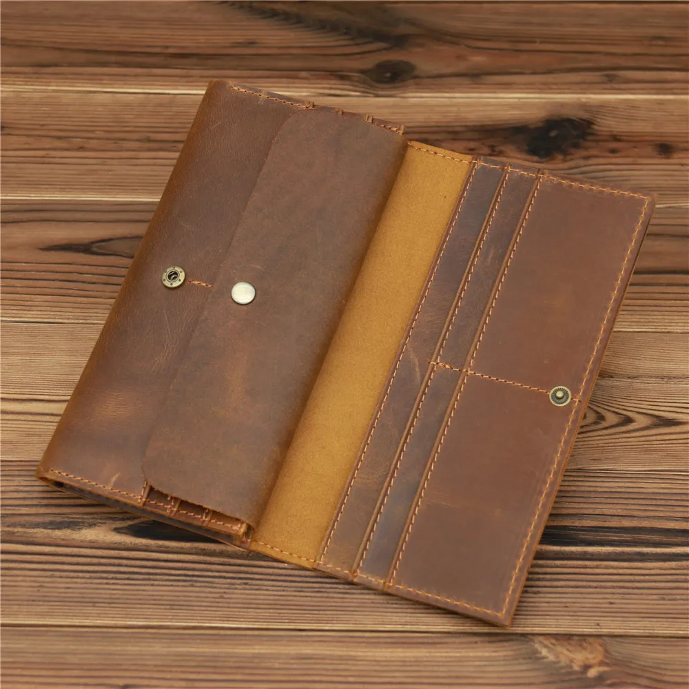 

Мужской винтажный длинный кожаный кошелек с подтягиванием, органайзер для нескольких карт и бумажник для ежедневных поездок, клатч из воловьей кожи с верхним зерном