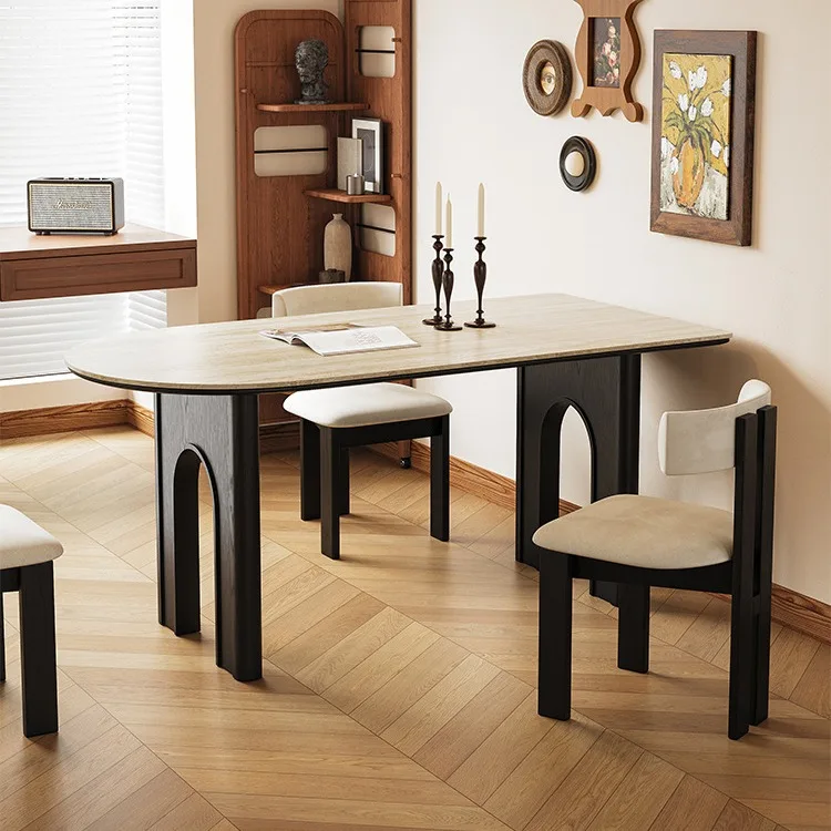

medieval rock slab dining table household small apartment dining table solid wood semi-round island against