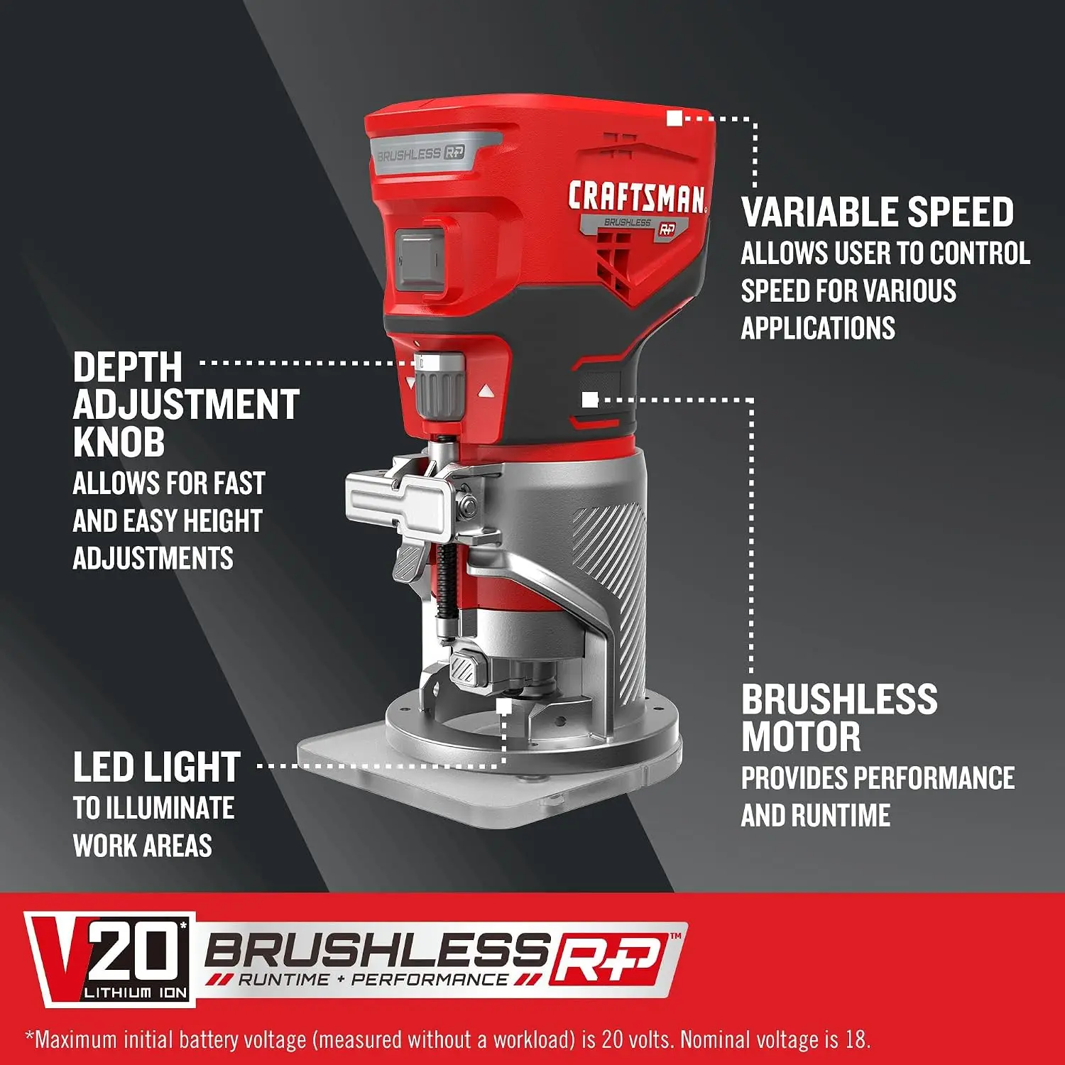V20 Router Tool, Cordless, Variable Speed, Fixed Base Router with Depth Adjustment, Bare Tool Only (CMCW400B)