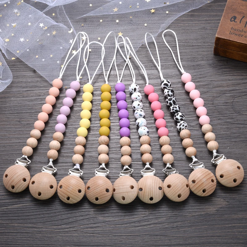 Baby Anti-drop Pacifier Clips Silicone Teether Beads Chain Infant Beech Wood Nipple Chain Soother Dummy Holder Clip BPA Free