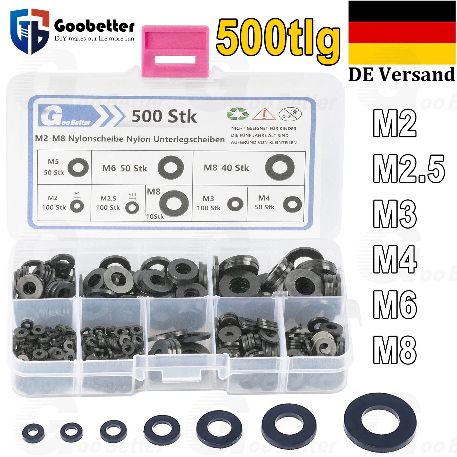 

500pcs 7 Sizes Black Nylon Flat Washer Gasket Assortment Kit M2 M2.5 M3 M4 M5 M6 M8