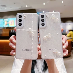 Pearl Bow Case for Samsung Galaxy S22 S21 S20 Ultra Plus FE A53 A73 A13 A52S A72 A32 Cover Clear Glitter Stars Soft Cover Shell