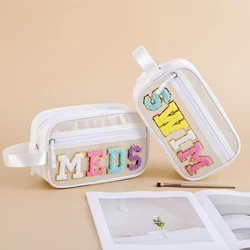 Women Chenille Letter Patch Clear PVC MEDS  Bag SWIM Makeup Bag with Strap Handle Cosmetic Zipper Pouch Beach Travel Organizer