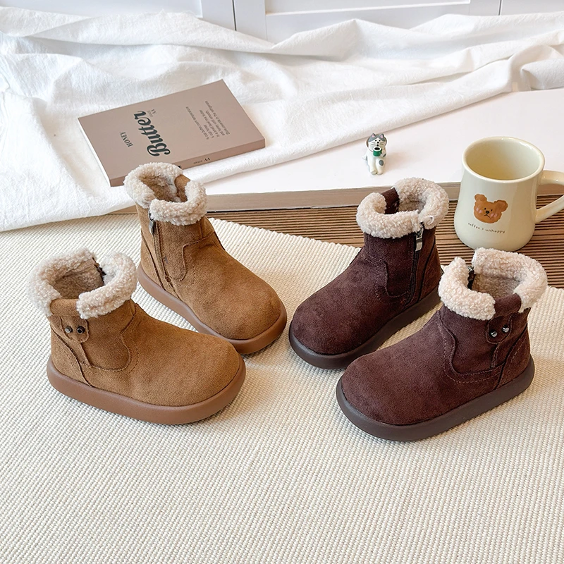 

Toddler Boys Girls Warm Plush Lining Leather Boots 2025 New Winter Kids Ankle Boots Anti-slippery Versatile Chic School Boots