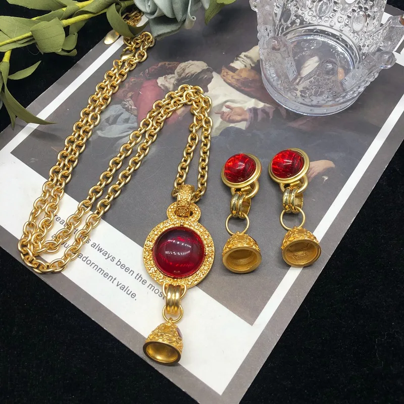 

Chain Pendant Necklace Red Lucite Bell Design Sweater Chain Earrings Set