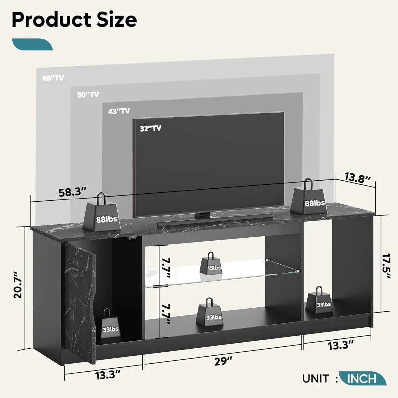 LED TV Stand for 55/60/65 Inch TV, Gaming Entertainment Center with Cabinet for PS5, Xbox,Modern TV Cabinet with Adjustable