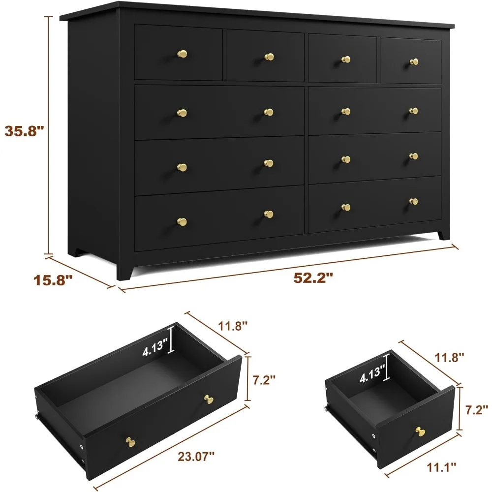 Dresser, Dresser for Bedroom with 10 Drawers Black Dresser with Smooth Metal Rail Wood Dressers 52.2W*15.8