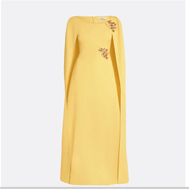 エレガントなパーティードレス イエロードレス 2025 女性用イブニングドレス ドバイ ソワレドレス フロア丈 プロムドレス キャップ付き カスタマイズ可能