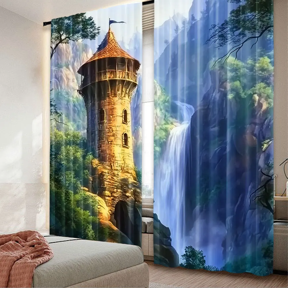 

2Pcs Cartoon Tower Curtain Fairytale Story Theme Design Window Drapes All Season Charm Suitable For Bedroom Living Room A