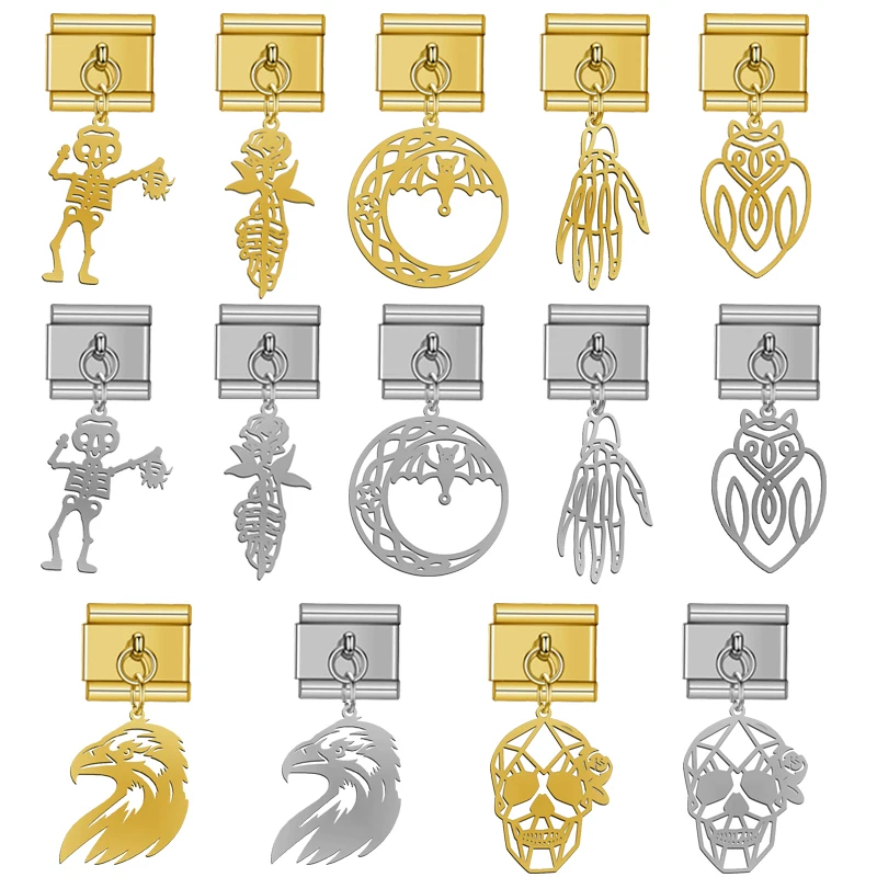 

Halloween Charms Italian Link Sprider/Bat/Hand/Skull/Crow Stainless Steel 9mm Bracelets Chains DIY Jewelry Making Accessories