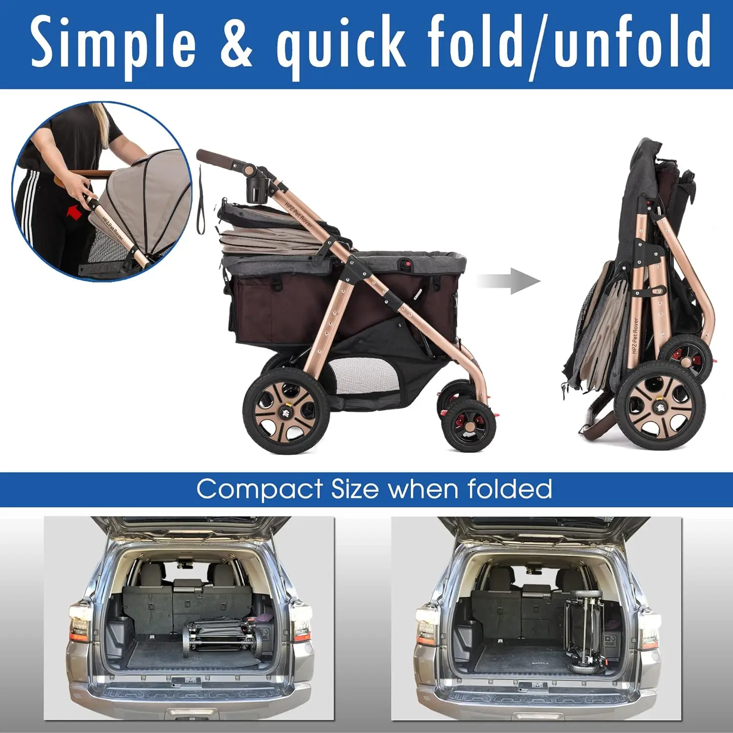 Premium Super-Sized Dog/Cat/Pet Stroller SUV Travel Carriage/w Access Ramp/100Lbs Capacity/Pumpless Rubber Wheels/Alumi