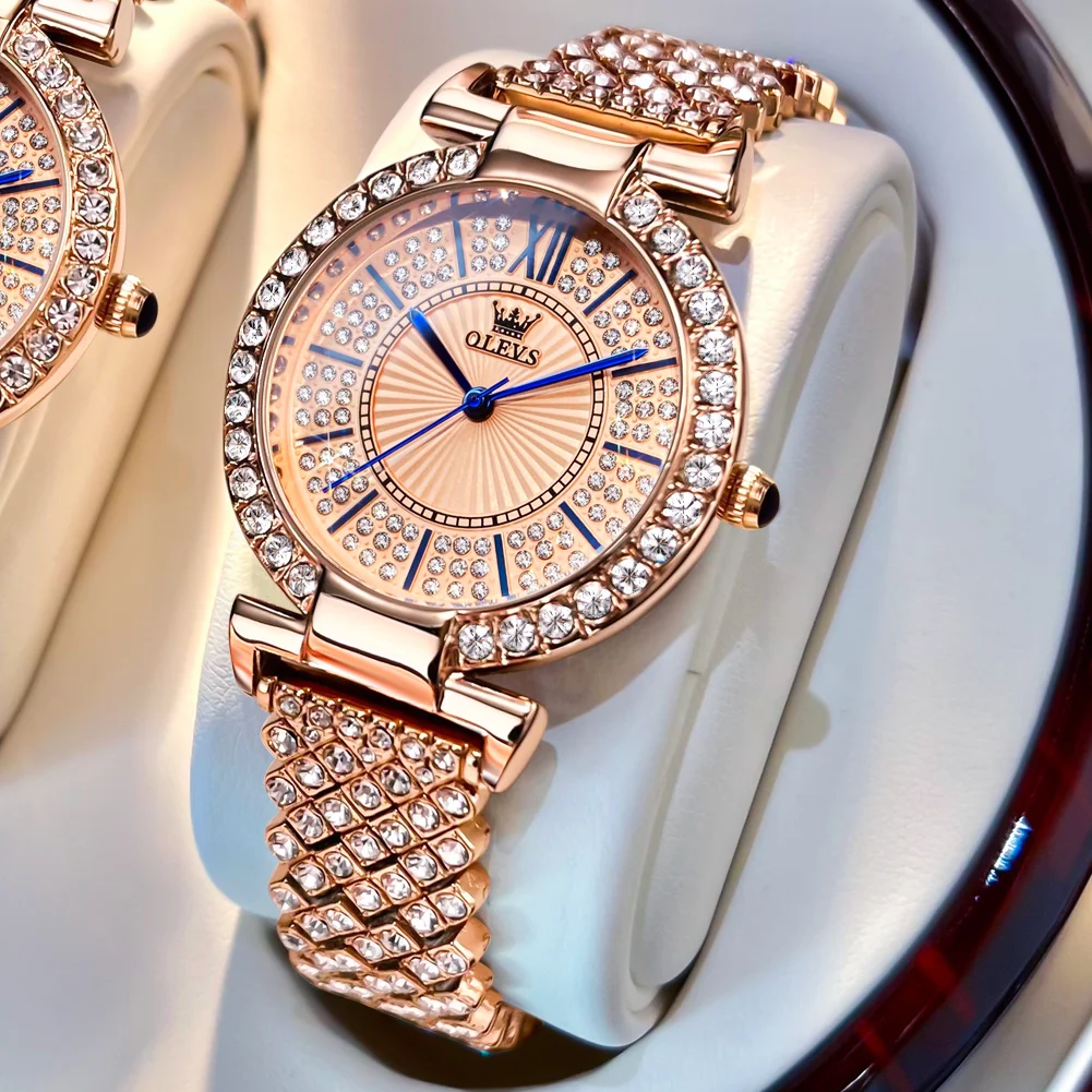 OLEVS 9942 Fashion Quartz Movement Watch For Women Full Of Diamond-set Strap Roman Scale Dial 30m Waterproof Luminous Watch