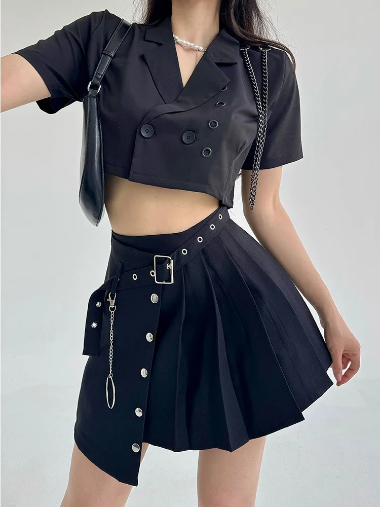 

Cool ort Suit Jaet And High Waist Skirt Set for Women Summer Faionable Casual Cotton V-Ne Button-Up Two-Piece Set