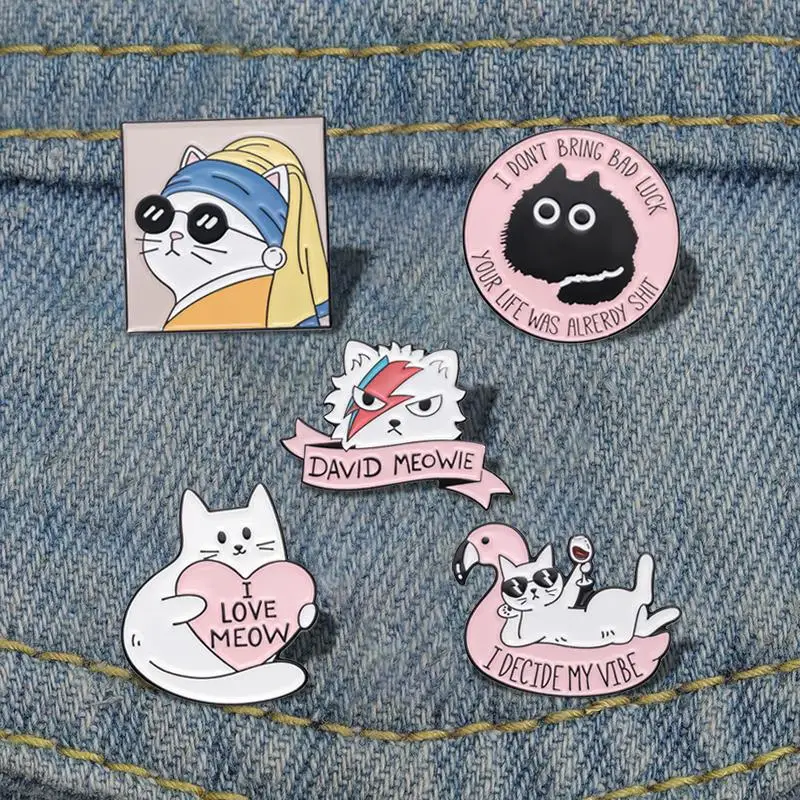 I Love Meow Enamel Pins Custom Oil Painting David Meowie Good Vibe Brooches Lapel Badges Cartoon Animal Fun Jewelry Gift Friends