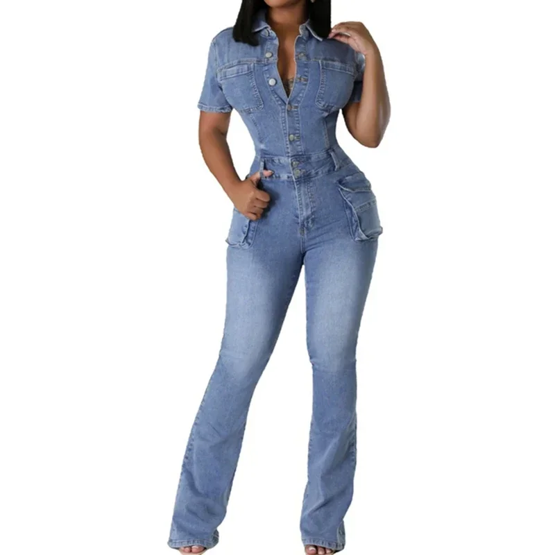 Casual Slim Short Sleeve Stretch Stir Fried Floral Washed Denim Jumpsuit Jeans Playsuit Cotton Flared Pants Jump Suit Overalls