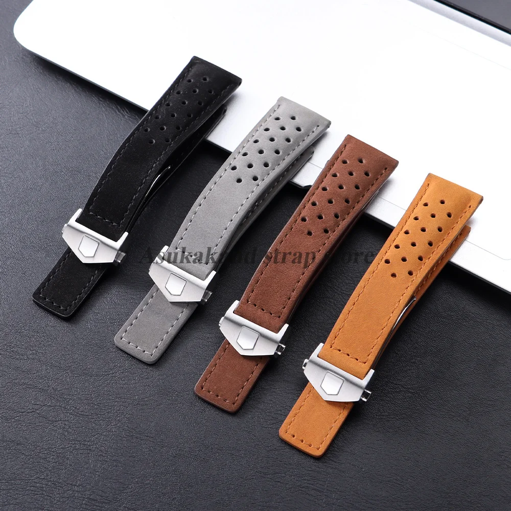 Genuine Cow Leather Watchband for Tag Heuer Carrera Monaco Series Frosted Fold Buckle Men's Soft Cowhide Straps 20mm 22mm 24mm