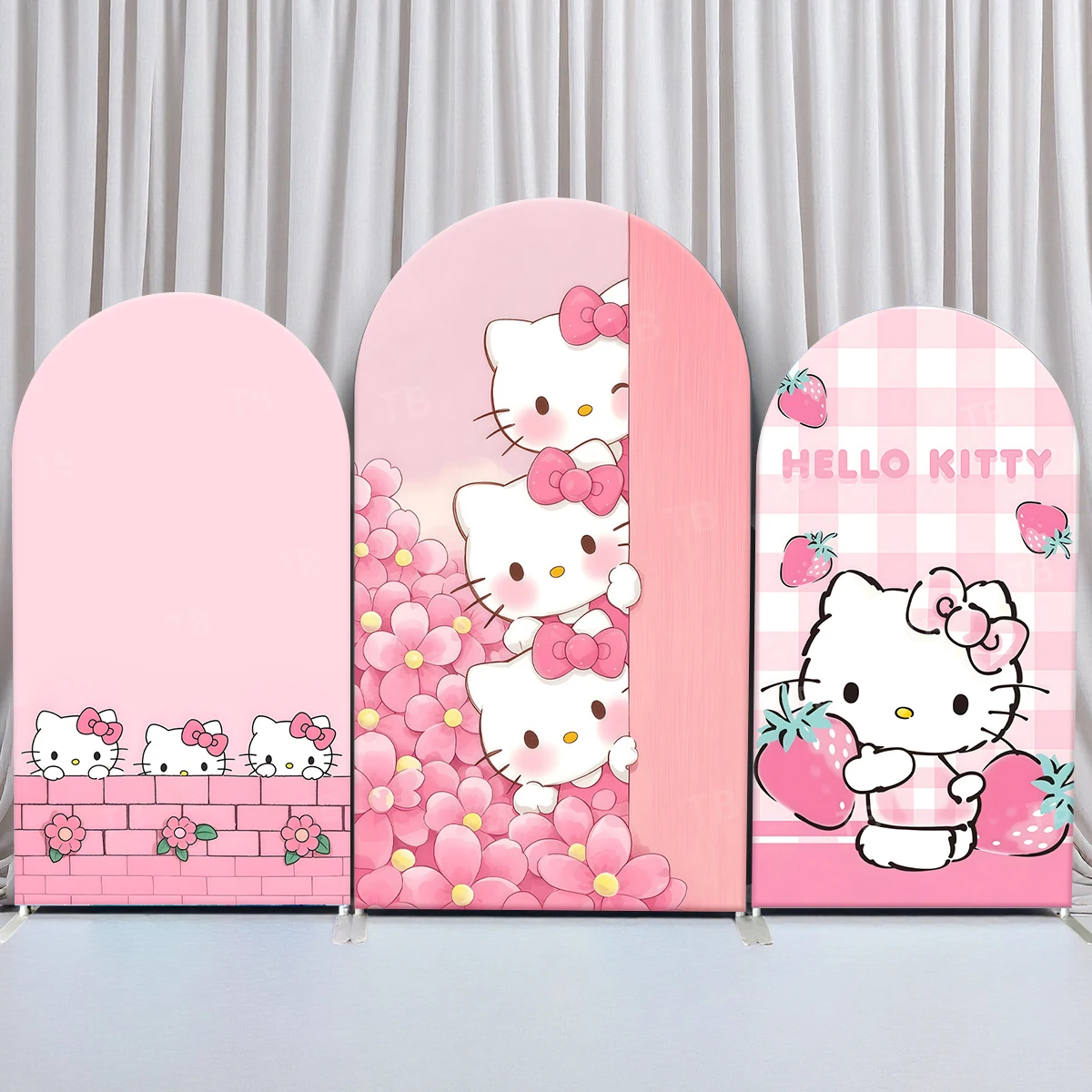 

TB Sanrio Hello Kitty Theme Arch Backdrop Cover Pink Strawberry for Girls Birthday Party Photo Background Decor Elastic Fabric